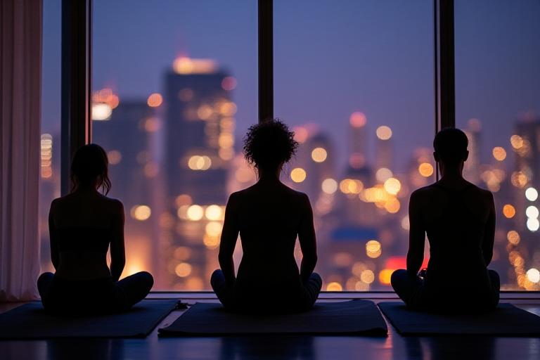 都会の夜景を背景にしたヨガスタジオ